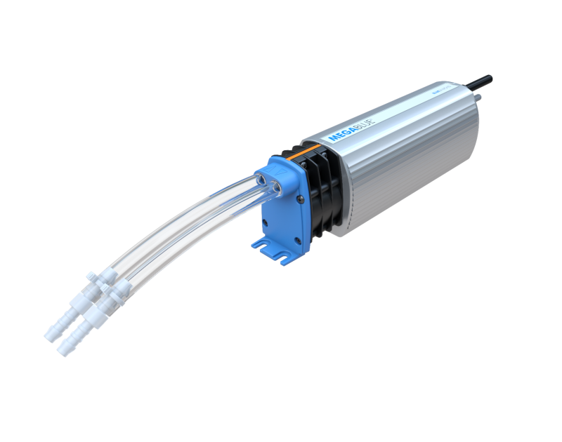 MegaBlue Condensate Pump, specifically the temperature-sensing version (x87-814). It features a sleek, cylindrical silver body with a blue mounting base and two clear tubes extending from the base for condensate intake and discharge. The design is compact MegaBlue Condensate Pump, specifically the temperature-sensing version (x87-814). It features a sleek, cylindrical silver body with a blue mounting base and two clear tubes extending from the base for condensate intake and discharge. The design is compact