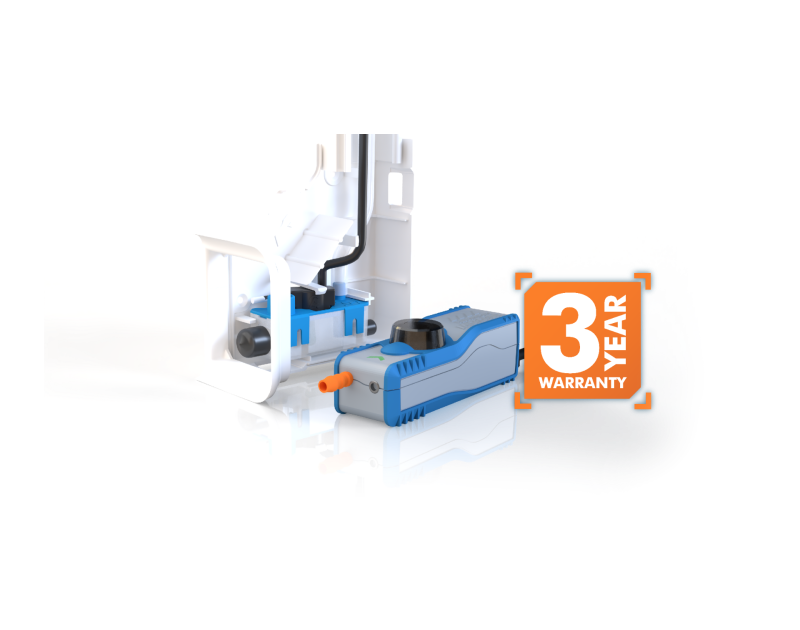 Ivory White MicroBlue Condensate Pump Ducting Kit installed on a mini-split indoor unit with a cutaway view showing the internal pump, reservoir, and tubing; includes a 3-year warranty badge. Ivory White MicroBlue Condensate Pump Ducting Kit installed on a mini-split indoor unit with a cutaway view showing the internal pump, reservoir, and tubing; includes a 3-year warranty badge.