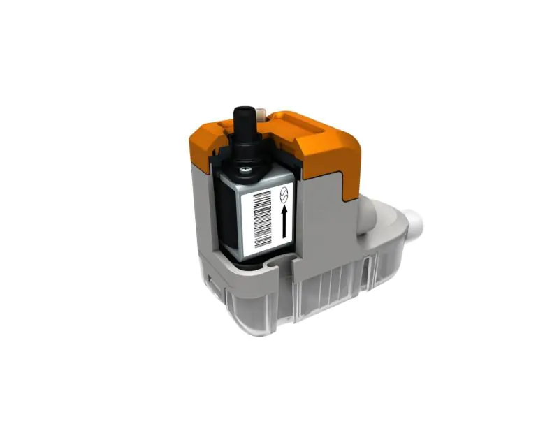 A close-up view of an orange and white air conditioning component with a transparent casing reveals a black internal part with a barcode label and an arrow pointing upwards, displayed against a white background. Available at airconspares.com.