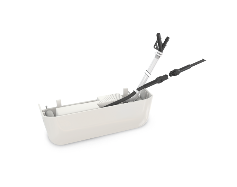 A 3D model of the Omega Pack 2 mini-split condensate pump kit, showing a compact white pump unit with attached tubes and connectors, designed for efficient condensate drainage under wall-mounted air conditioners.