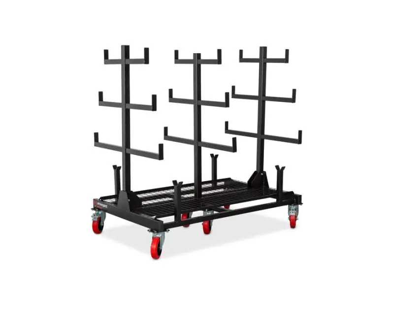 Armorgard PipeRack mobile storage solution with a black steel frame, six red castor wheels, and multiple horizontal arms for organizing pipes and conduits on construction sites. Armorgard PipeRack mobile storage solution with a black steel frame, six red castor wheels, and multiple horizontal arms for organizing pipes and conduits on construction sites.