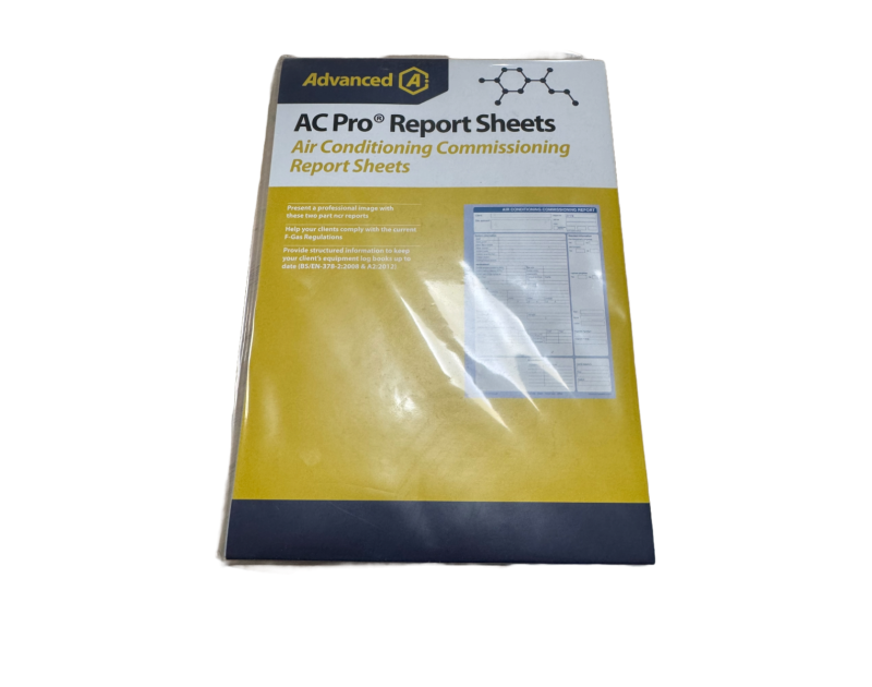 A packaged AC-Pro Air Conditioning Commissioning Report (S080351GB) pad, featuring a yellow and blue cover with the Advanced Engineering logo. The cover highlights key benefits: professional two-part NCR reports, F-Gas regulation compliance, and structure A packaged AC-Pro Air Conditioning Commissioning Report (S080351GB) pad, featuring a yellow and blue cover with the Advanced Engineering logo. The cover highlights key benefits: professional two-part NCR reports, F-Gas regulation compliance, and structure