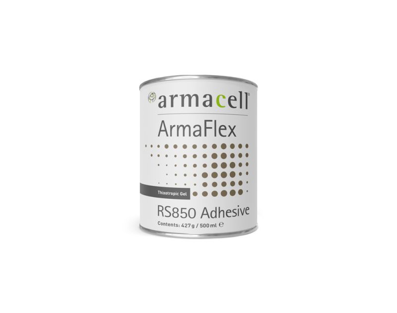 A cylindrical can of ArmaFlex RS850 Adhesive with a white label, featuring the Armacell logo and branding. The label includes the text "Thixotropic Gel" and "Contents: 427 g / 500 ml in a clean, professional design with a dotted pattern background.