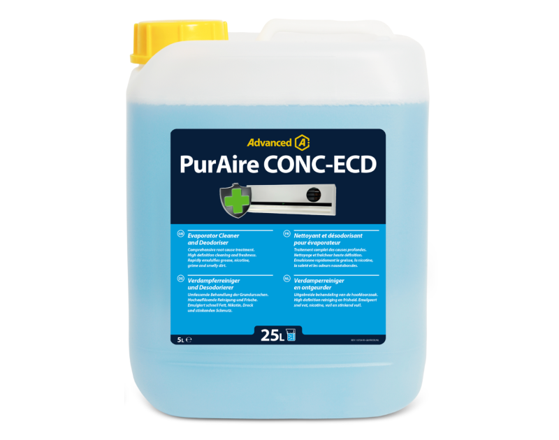 PurAire CONC-ECD 5L Evaporator Cleaner and Deodoriser bottle with a blue liquid, featuring a multilingual label and an air conditioning unit image, available at airconspares.com. PurAire CONC-ECD 5L Evaporator Cleaner and Deodoriser bottle with a blue liquid, featuring a multilingual label and an air conditioning unit image, available at airconspares.com.
