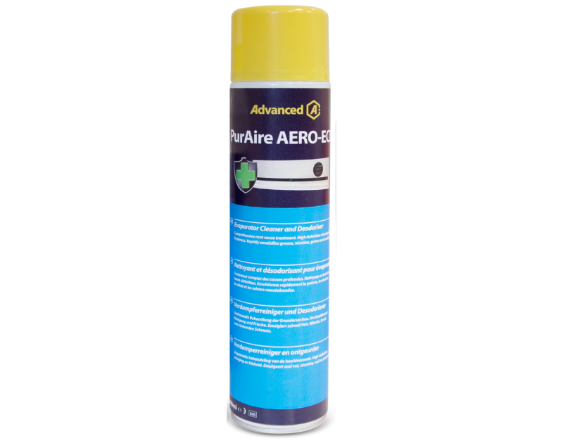 PurAire AERO-ECO aerosol can with yellow cap, featuring Advanced branding, designed as an evaporator cleaner and deodoriser. The 600ml can includes multilingual labels and a green safety symbol. PurAire AERO-ECO aerosol can with yellow cap, featuring Advanced branding, designed as an evaporator cleaner and deodoriser. The 600ml can includes multilingual labels and a green safety symbol.