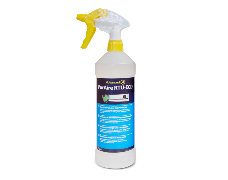 PurAire RTU-ECO 1L Evaporator Cleaner and Deodoriser bottle with yellow spray nozzle, manufactured by Aspen Pumps, featuring no-rinse technology for HVAC maintenance. PurAire RTU-ECO 1L Evaporator Cleaner and Deodoriser bottle with yellow spray nozzle, manufactured by Aspen Pumps, featuring no-rinse technology for HVAC maintenance.
