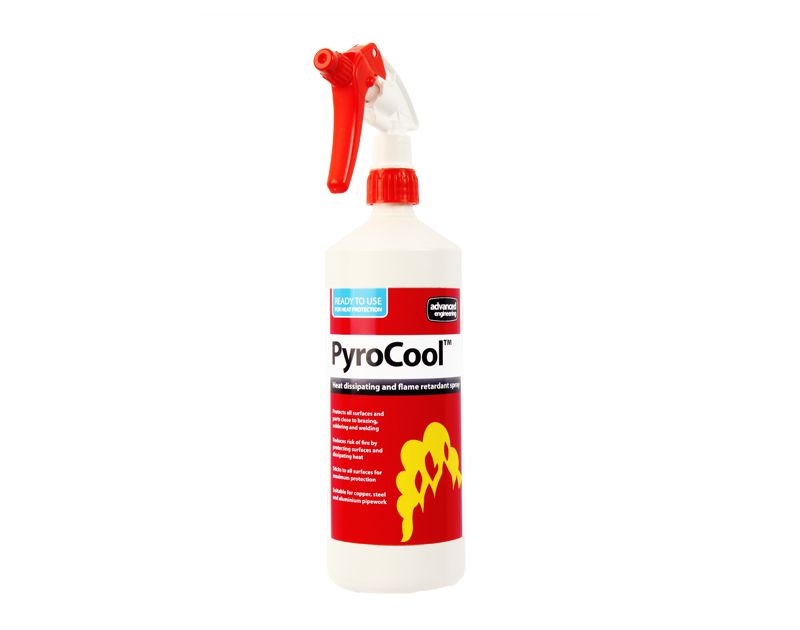 PyroCool heat dissipating and flame-retardant spray in 1 1-litre white bottle with a red trigger spray and a label showing a flame graphic. Ready-to-use professional gel for HVAC brazing protection. PyroCool heat dissipating and flame-retardant spray in 1 1-litre white bottle with a red trigger spray and a label showing a flame graphic. Ready-to-use professional gel for HVAC brazing protection.