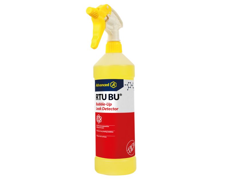 A yellow spray bottle with a white and yellow nozzle, labelled "RTU BU Bubble-Up Leak Detector." The label features a blue and yellow "Advanced" logo at the top, with a red section below listing key features: "Specifically designed for refrigerant leaks,"