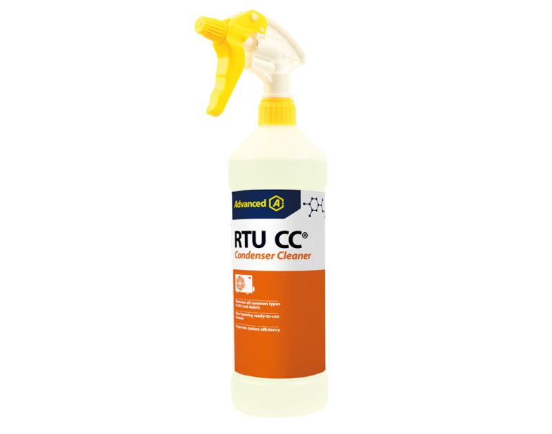 A white 1L spray bottle of Aspen Pumps RTU CC Condenser Cleaner with a yellow trigger sprayer nozzle, featuring a blue Advanced logo, orange label text reading "RTU CC Condenser Cleaner" and "Non-foaming ready-to-use," and icons for removing dirt and debr A white 1L spray bottle of Aspen Pumps RTU CC Condenser Cleaner with a yellow trigger sprayer nozzle, featuring a blue Advanced logo, orange label text reading "RTU CC Condenser Cleaner" and "Non-foaming ready-to-use," and icons for removing dirt and debr