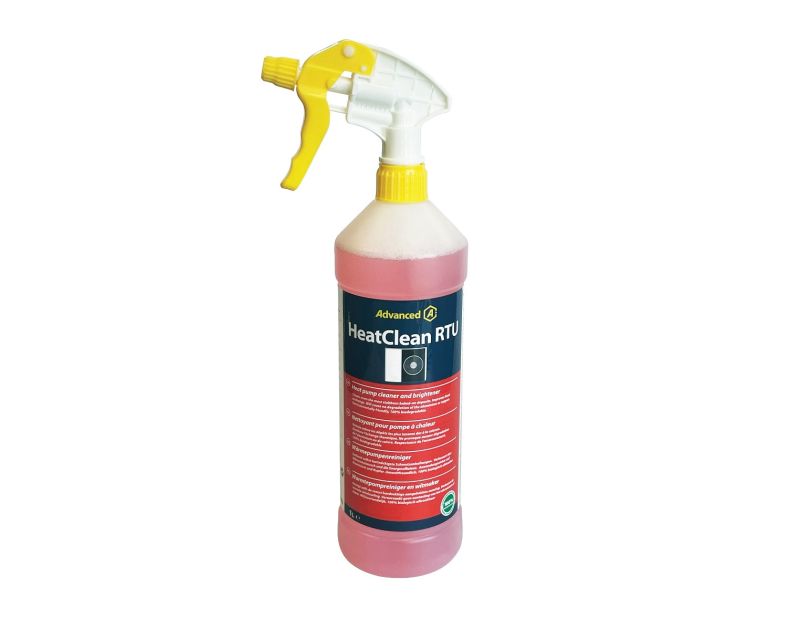 This is a 1L bottle of HeatClean RTU heat pump cleaner with a yellow spray nozzle. It features a red and white label with eco-friendly branding and is designed for UK use on air conditioning units.