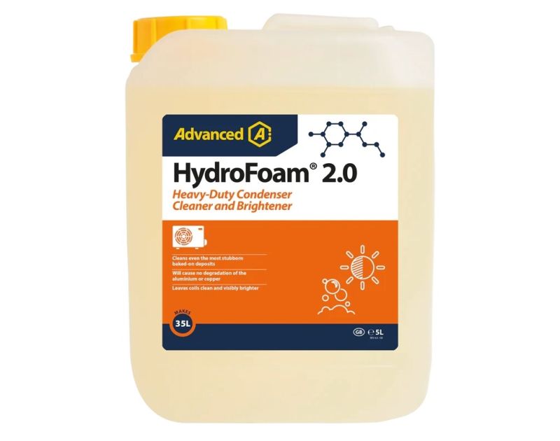 A 5-litre bottle of HydroFoam 2.0 Heavy-Duty Condenser Cleaner and Brightener by Advanced. The bottle is light yellow with a yellow cap. The label features the Advanced logo, a chemical structure image, and text stating it cleans even the most stubborn ba A 5-litre bottle of HydroFoam 2.0 Heavy-Duty Condenser Cleaner and Brightener by Advanced. The bottle is light yellow with a yellow cap. The label features the Advanced logo, a chemical structure image, and text stating it cleans even the most stubborn ba