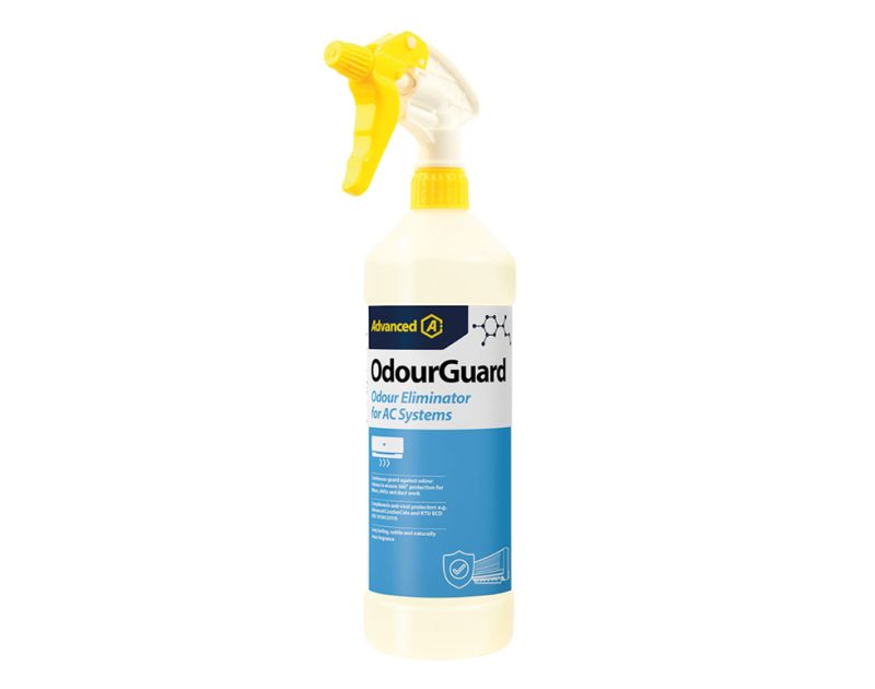 OdourGuard 1L spray bottle with yellow trigger - advanced odour eliminator for AC systems, evaporator coil cleaner removing bacteria, mould and musty smells from air conditioning units. OdourGuard 1L spray bottle with yellow trigger - advanced odour eliminator for AC systems, evaporator coil cleaner removing bacteria, mould and musty smells from air conditioning units.