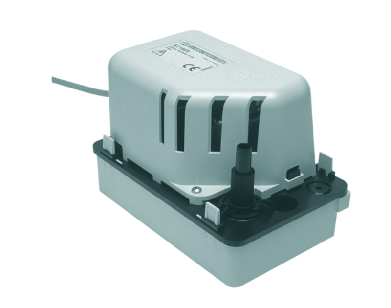 Sauermann Si-1805 Centrifugal Tank Pump, a compact grey and black device with a 0.5L tank, featuring a black outlet pipe, white float, and two inlet holes, designed for air conditioning units and gas condensing boilers, shown against a white background. Sauermann Si-1805 Centrifugal Tank Pump, a compact grey and black device with a 0.5L tank, featuring a black outlet pipe, white float, and two inlet holes, designed for air conditioning units and gas condensing boilers, shown against a white background.
