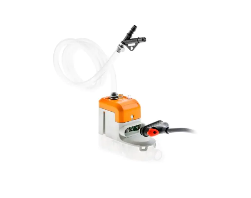 A compact orange and white air conditioning component with a transparent tube and black nozzle attached, connected to a black power cable with a red connector, displayed against a white background. Ideal for air conditioning systems, available at airconsp