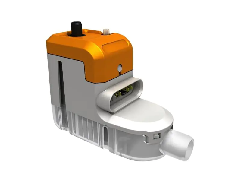 A side view of an orange and white air conditioning component with a transparent casing featuring a black top fitting and a white outlet pipe is displayed against a white background. Available at airconspares.com.