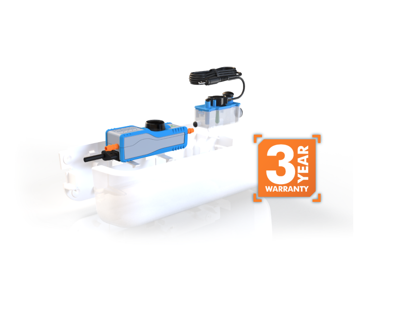 Compact blue MicroBlue condensate pump kit with slim fascia, white reservoir, tubing connections, and 3-year warranty badge, ideal for quiet, concealed HVAC installations. Compact blue MicroBlue condensate pump kit with slim fascia, white reservoir, tubing connections, and 3-year warranty badge, ideal for quiet, concealed HVAC installations.
