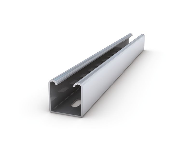 A long, metallic, rectangular slotted channel with multiple elongated holes on one side, designed for cable management and support systems. The channel features a pre-galvanised steel finish with in-turned edges for added strength and stability. A long, metallic, rectangular slotted channel with multiple elongated holes on one side, designed for cable management and support systems. The channel features a pre-galvanised steel finish with in-turned edges for added strength and stability.