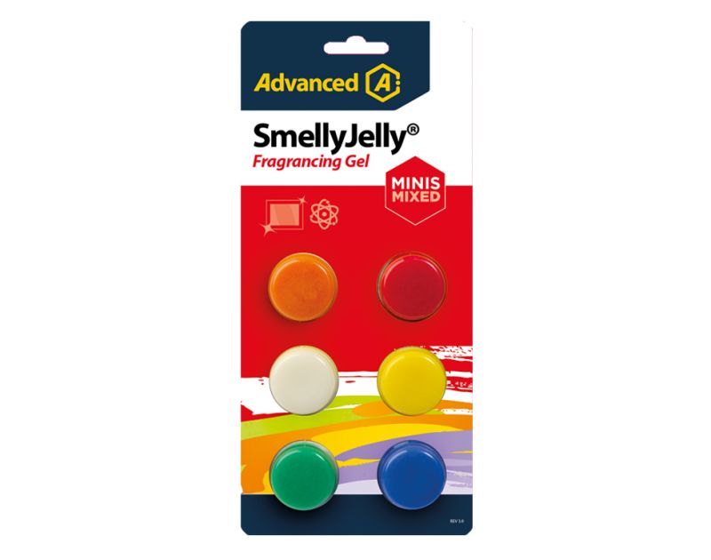 A package of SmellyJelly Minis Mixed Fragrancing Gel by Advanced Engineering, featuring six colorful gel discs in orange, red, white, yellow, green, and blue, mounted on a card with a red and multicolored design. The packaging includes the Advanced logo a