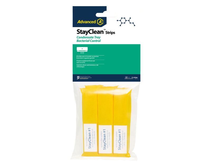 StayClean S010307GB Antibacterial Strips packaging for air conditioning condensate trays, featuring a pack of three yellow Size 1 strips, with a green and white label highlighting bacterial control and up to 6 months protection against microbial growth an StayClean S010307GB Antibacterial Strips packaging for air conditioning condensate trays, featuring a pack of three yellow Size 1 strips, with a green and white label highlighting bacterial control and up to 6 months protection against microbial growth an