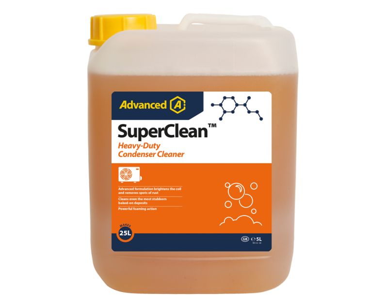 A 5L plastic canister of SuperClean™ Heavy-Duty Condenser Cleaner by Advanced Engineering. The label features a blue and orange design with the product name in bold white text, a molecule graphic, and icons of bubbles indicating its foaming action. Text o A 5L plastic canister of SuperClean™ Heavy-Duty Condenser Cleaner by Advanced Engineering. The label features a blue and orange design with the product name in bold white text, a molecule graphic, and icons of bubbles indicating its foaming action. Text o