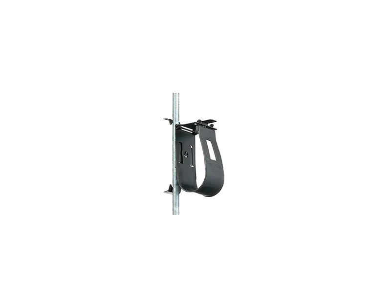 A DiversiTech TRH-4 Squeezy Fit Threaded Rod Hanger mounted on an M8/M10 threaded rod, showcasing its black zinc-coated spring steel design with a folding lock-tab, ready to secure insulated copper air conditioning pipes.