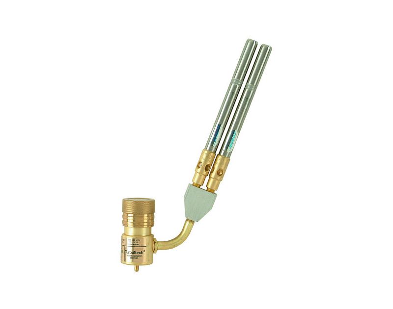 The image shows a handheld propane torch, specifically a "TurboTorch" model featuring two parallel torch tips. This type of tool is commonly used for welding, brazing, or soldering. It has a brass body and adjustable flame control. Turbotorch STK-11 Doubl The image shows a handheld propane torch, specifically a "TurboTorch" model featuring two parallel torch tips. This type of tool is commonly used for welding, brazing, or soldering. It has a brass body and adjustable flame control. Turbotorch STK-11 Doubl