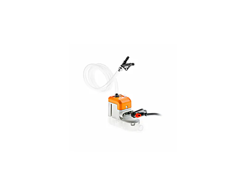 A compact orange and white air conditioning component with a transparent tube and black nozzle attached, connected to a black power cable with a red connector, displayed against a white background. Ideal for air conditioning systems, available at airconsp A compact orange and white air conditioning component with a transparent tube and black nozzle attached, connected to a black power cable with a red connector, displayed against a white background. Ideal for air conditioning systems, available at airconsp