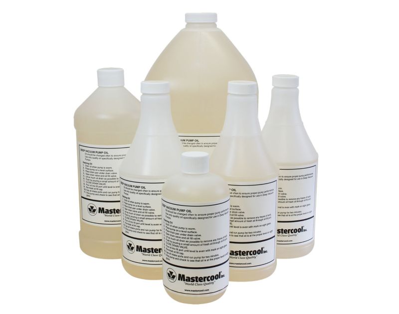 A collection of Mastercool Vacuum Pump Oil bottles in various sizes, including large jugs and smaller bottles, all with white caps and detailed labels. The labels feature the Mastercool logo, product name, and usage instructions, emphasizing the oil's pur A collection of Mastercool Vacuum Pump Oil bottles in various sizes, including large jugs and smaller bottles, all with white caps and detailed labels. The labels feature the Mastercool logo, product name, and usage instructions, emphasizing the oil's pur