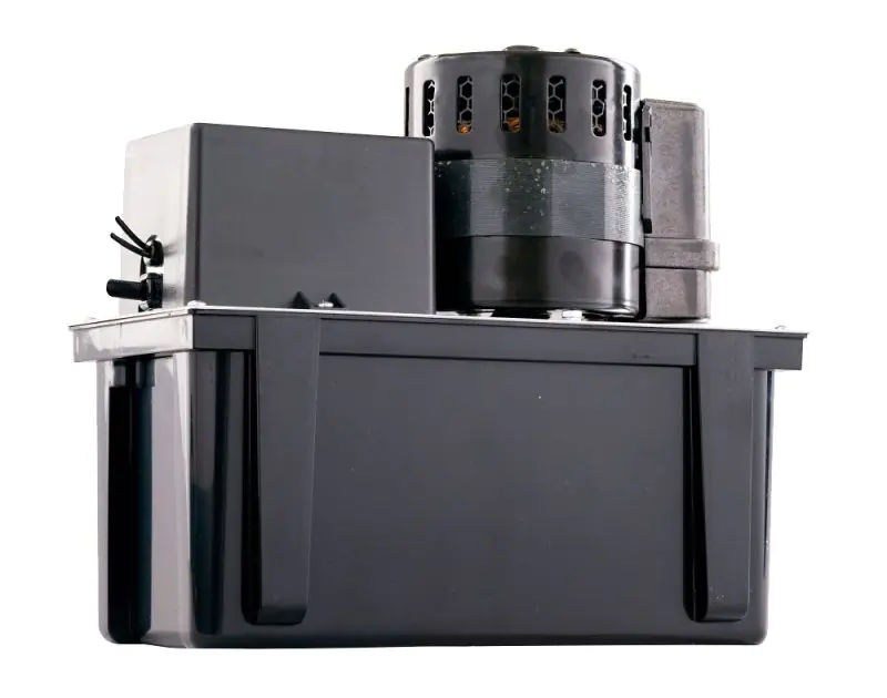 Little Giant VCL-45ULS Condensate Pump, a black rectangular unit with a 1-gallon ABS tank, featuring a cylindrical motor with ventilation slots on top, a stainless steel motor shaft, and a safety switch with lead wires, designed for efficient condensate r Little Giant VCL-45ULS Condensate Pump, a black rectangular unit with a 1-gallon ABS tank, featuring a cylindrical motor with ventilation slots on top, a stainless steel motor shaft, and a safety switch with lead wires, designed for efficient condensate r